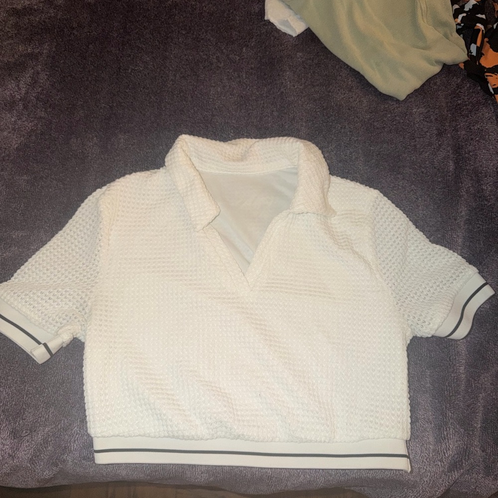 White Textured Short Sleeve Top
